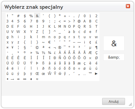 Wybierz znak specjalny